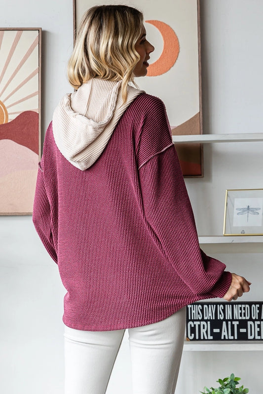 Ribbed Balloon Sleeve Hoodie