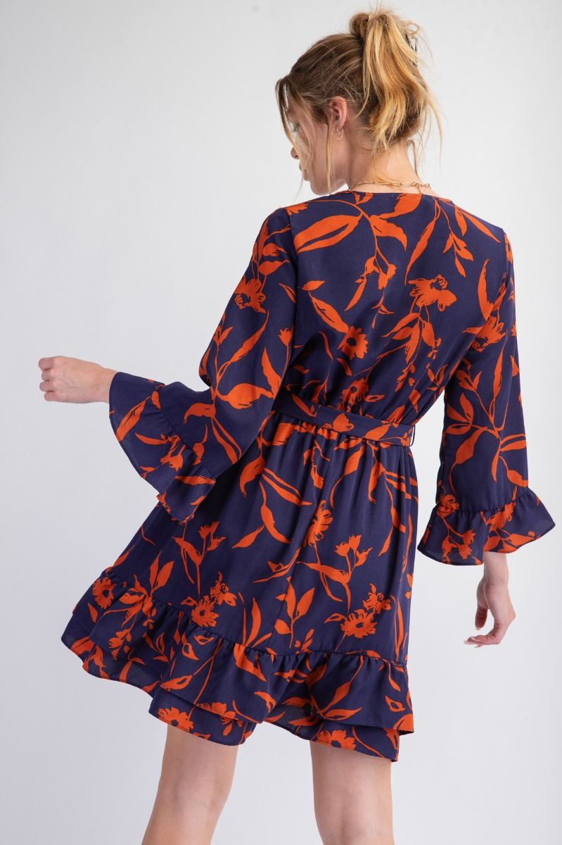 Easel Printed Wool Peach Surplice Dress