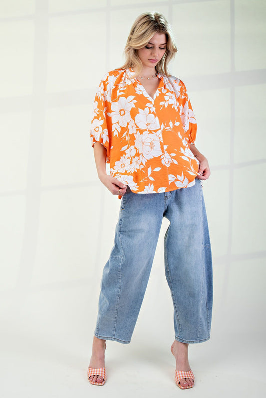 Easel Printed Orange Floral Top