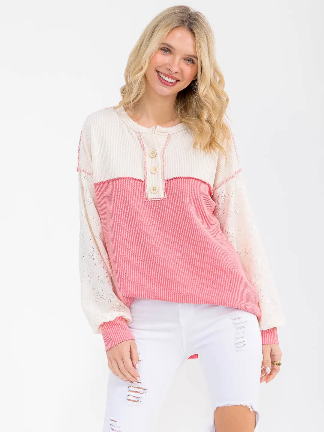 Two Tone Rib Knit Lace Henley Top
