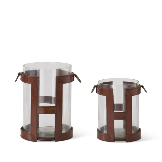 Brown Leather Framed Glass Hurricane