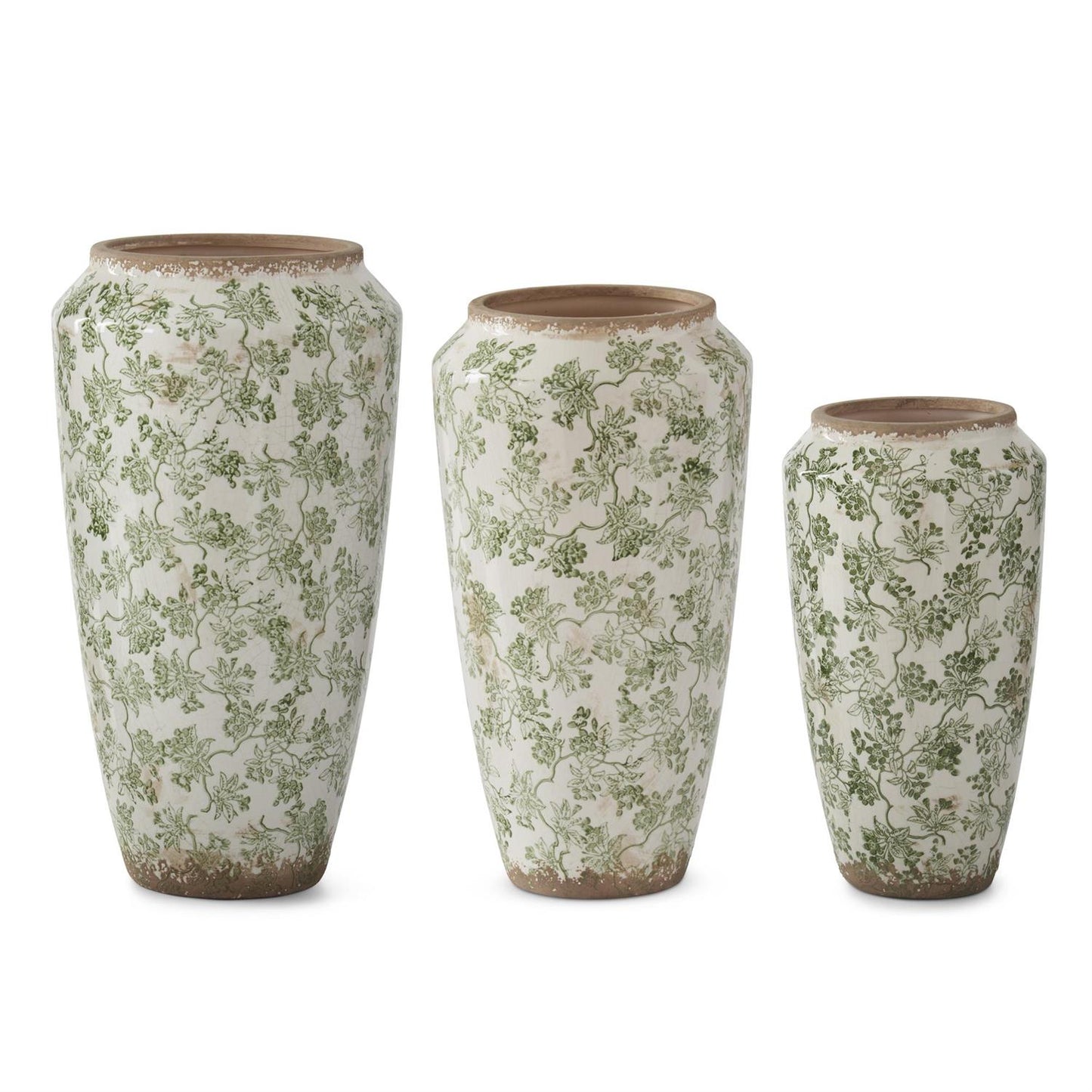 Green & Cream Crackled Ceramic Chinoiserie Vase
