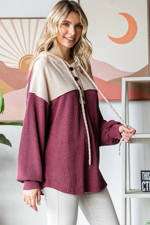 Ribbed Balloon Sleeve Hoodie