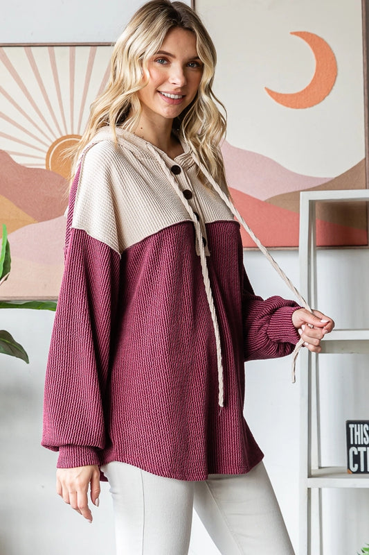 Ribbed Balloon Sleeve Hoodie