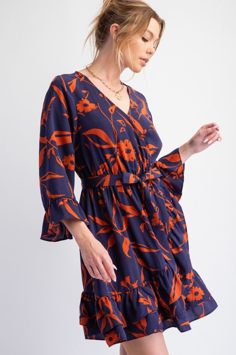 Easel Printed Wool Peach Surplice Dress