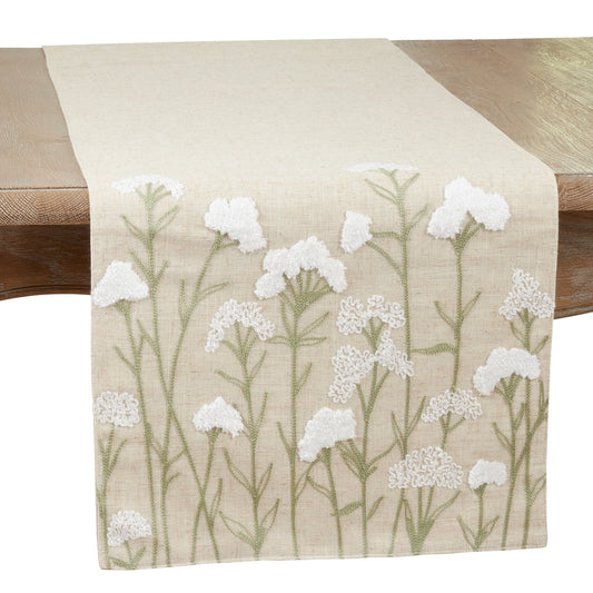 Embroidered Flowers Runner -- White