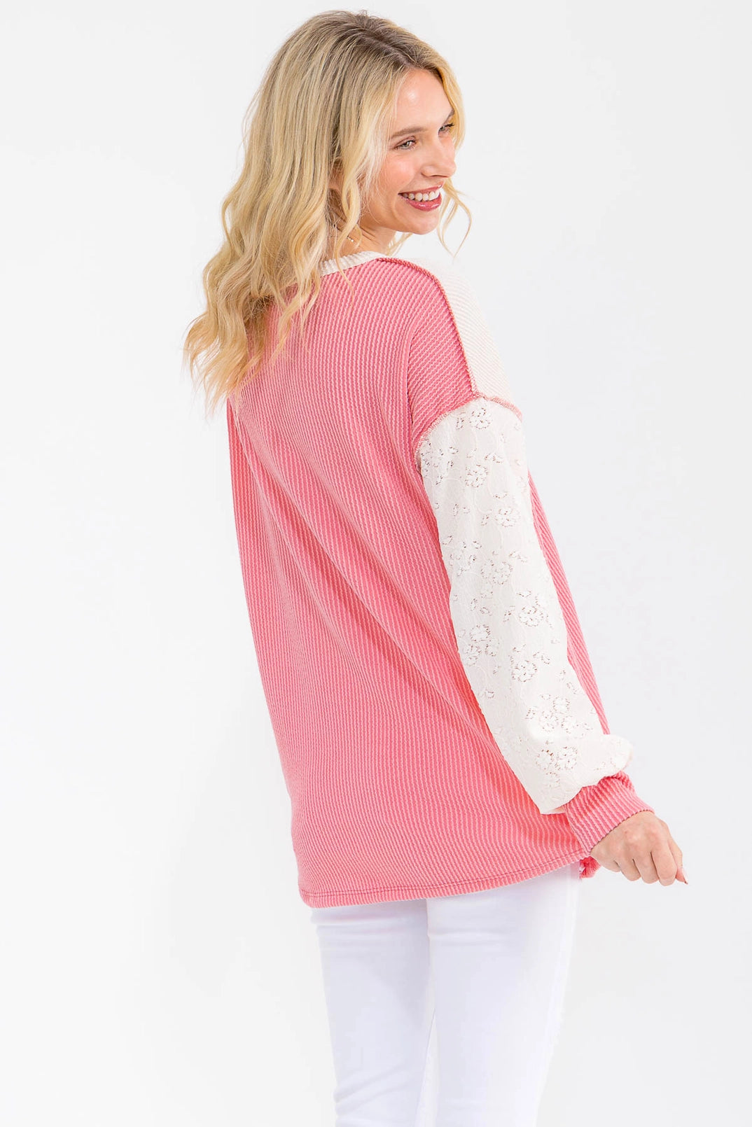 Two Tone Rib Knit Lace Henley Top