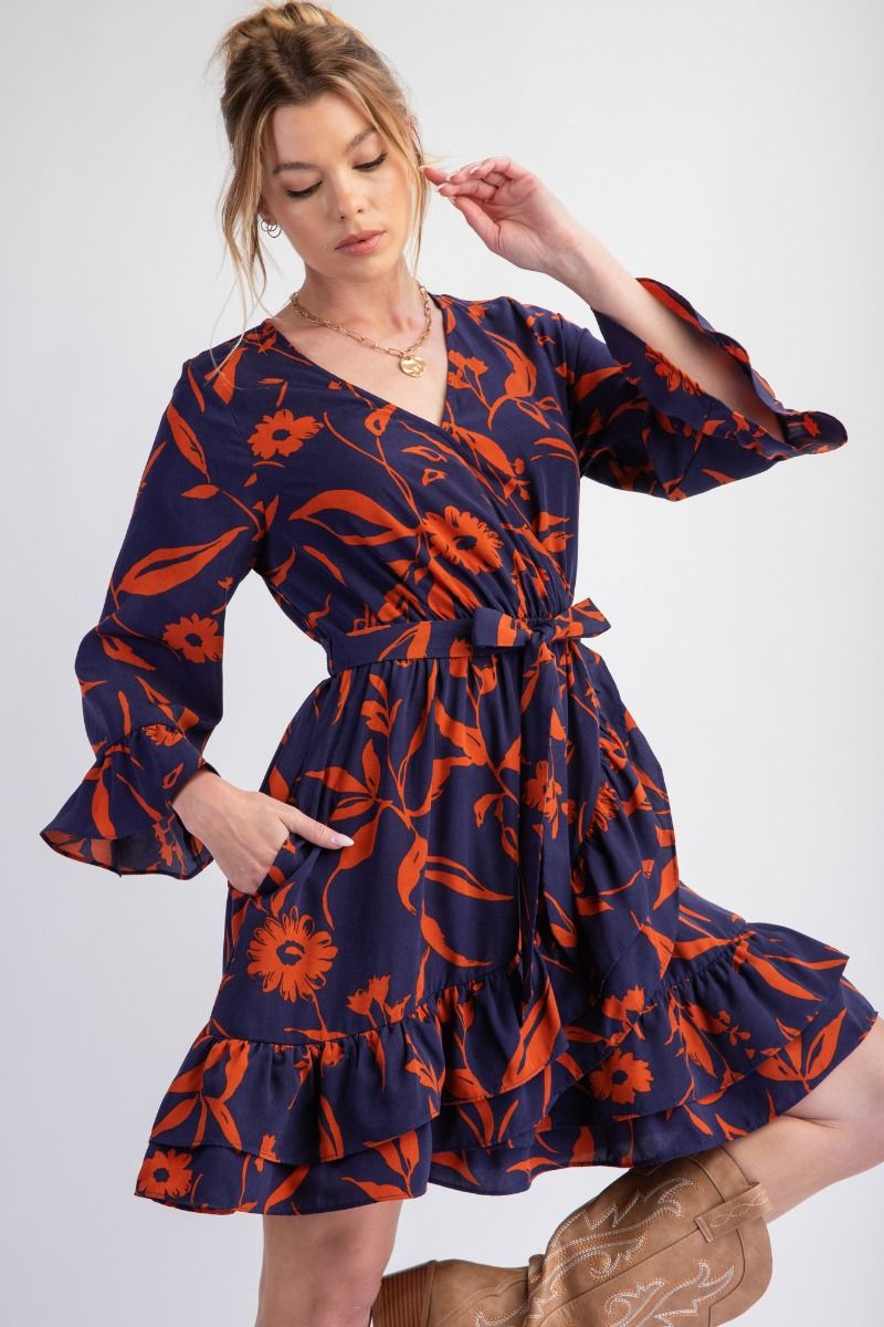 Easel Printed Wool Peach Surplice Dress