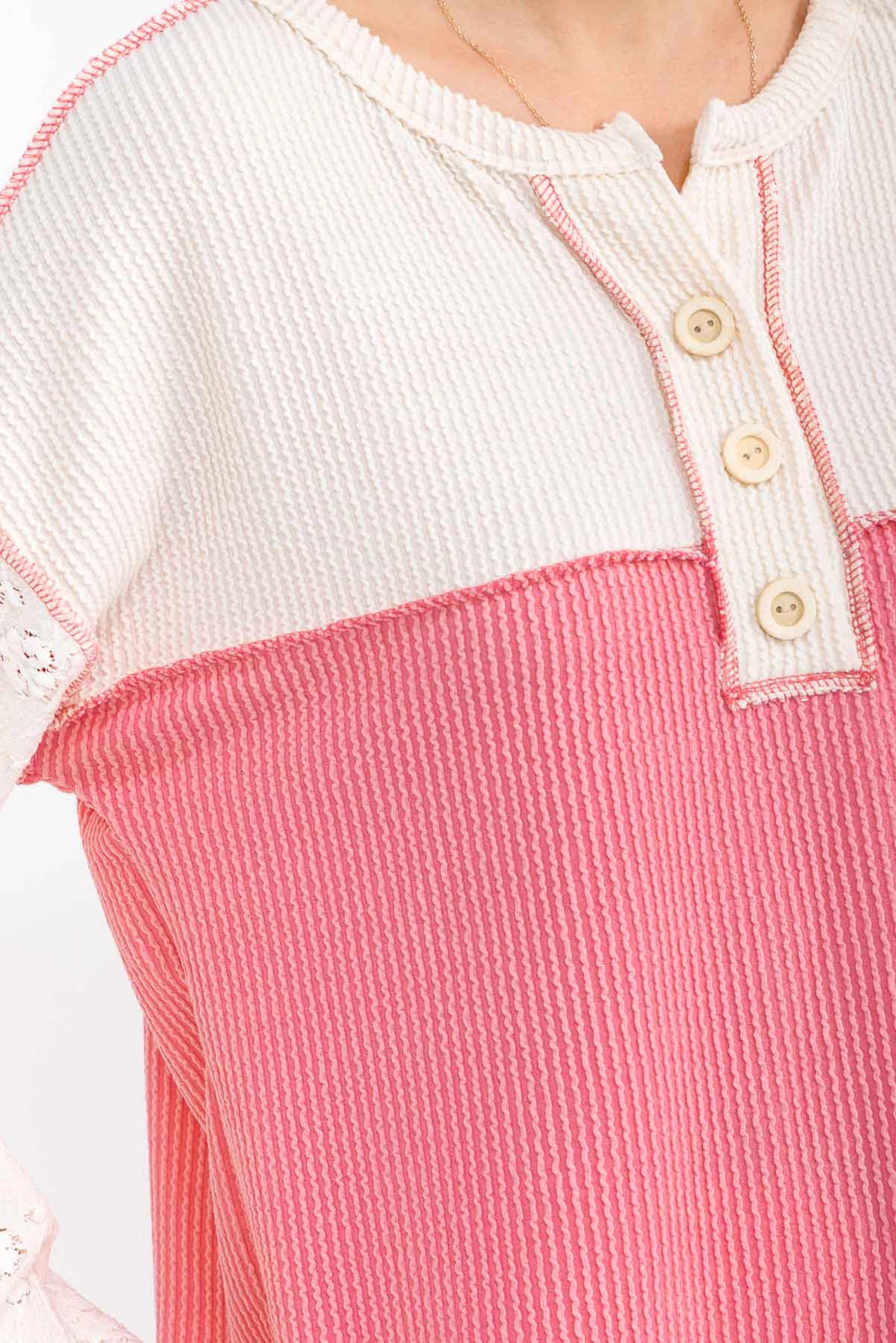 Two Tone Rib Knit Lace Henley Top