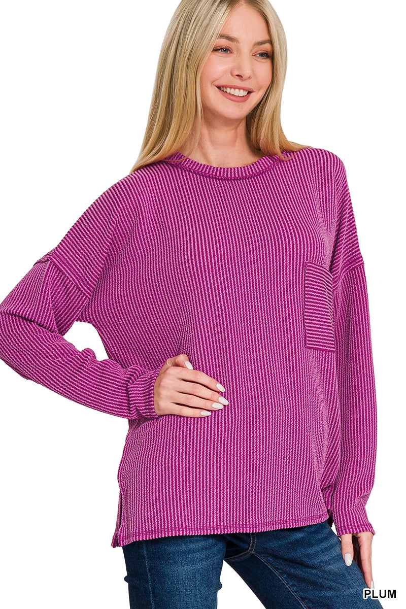 Corded Rib Long Sleeve Drop Shoulder Top Plum