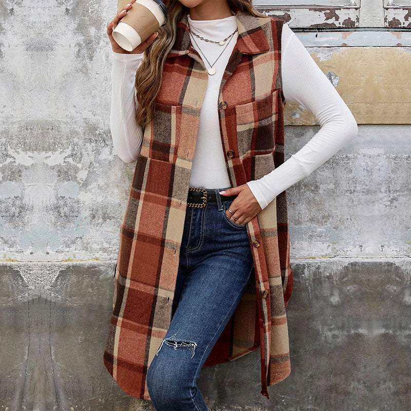 Sleeveless Lapel Cardigan Jacket Retro Plaid Vest