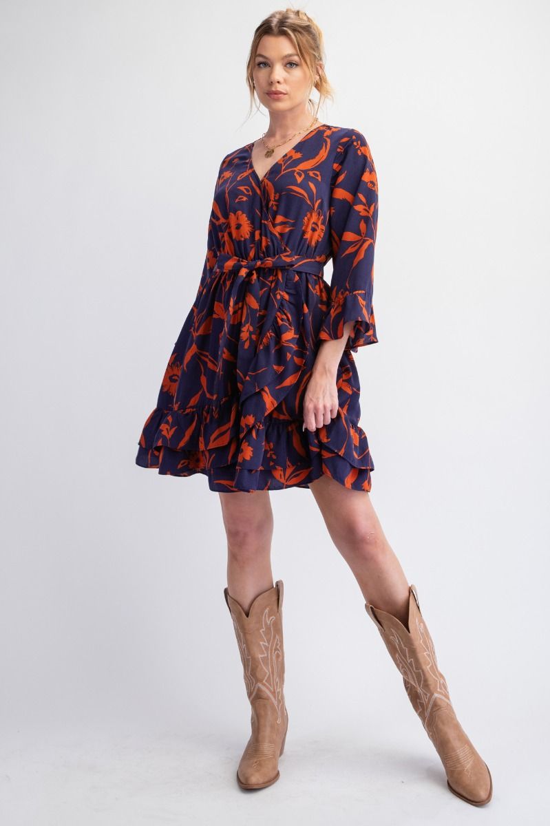 Easel Printed Wool Peach Surplice Dress