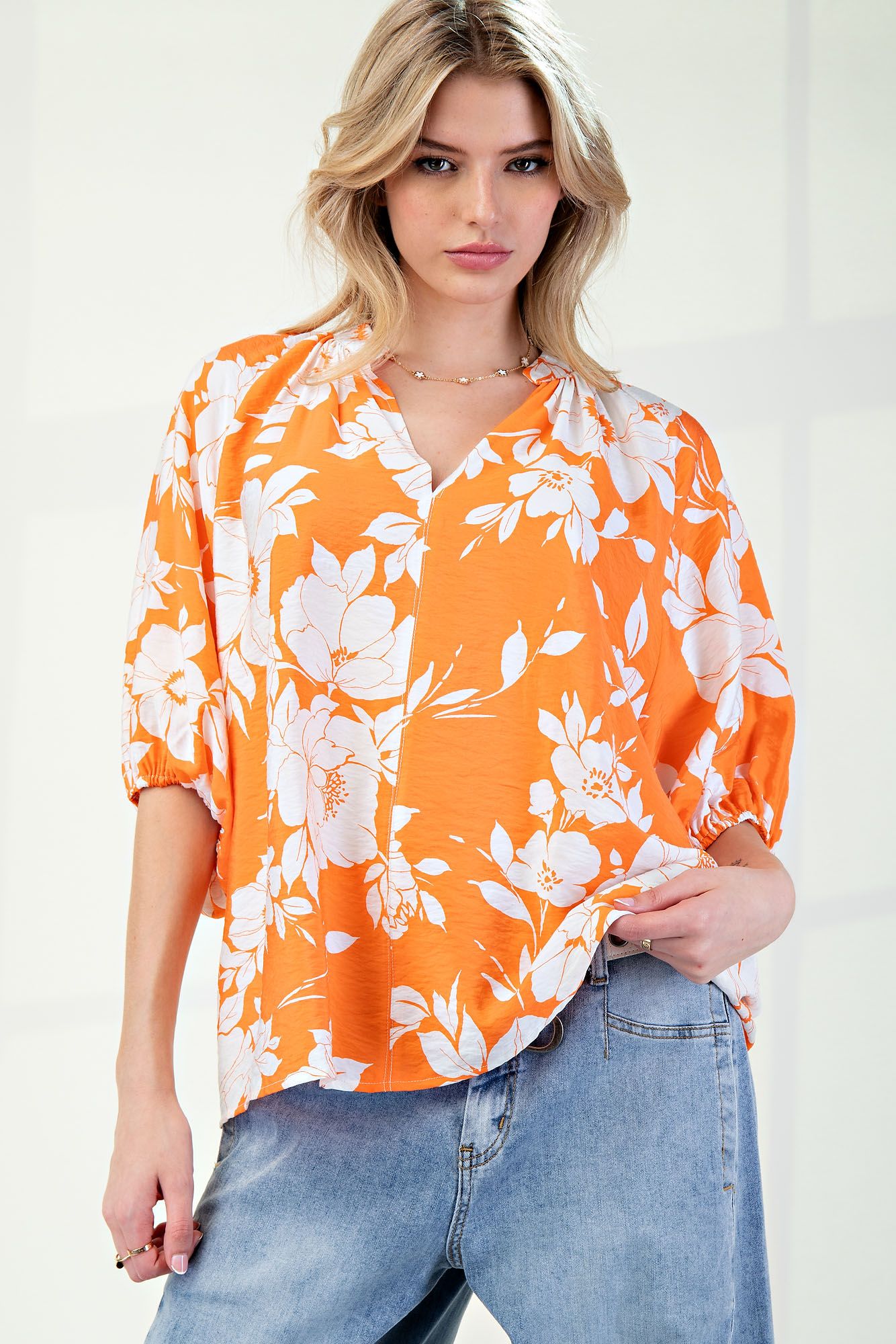 Easel Printed Orange Floral Top