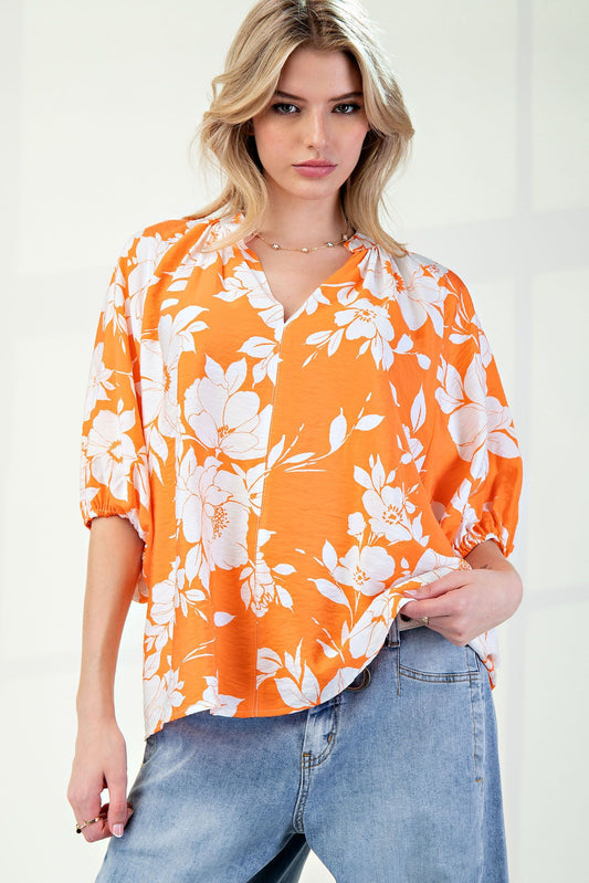 Easel Printed Orange Floral Top