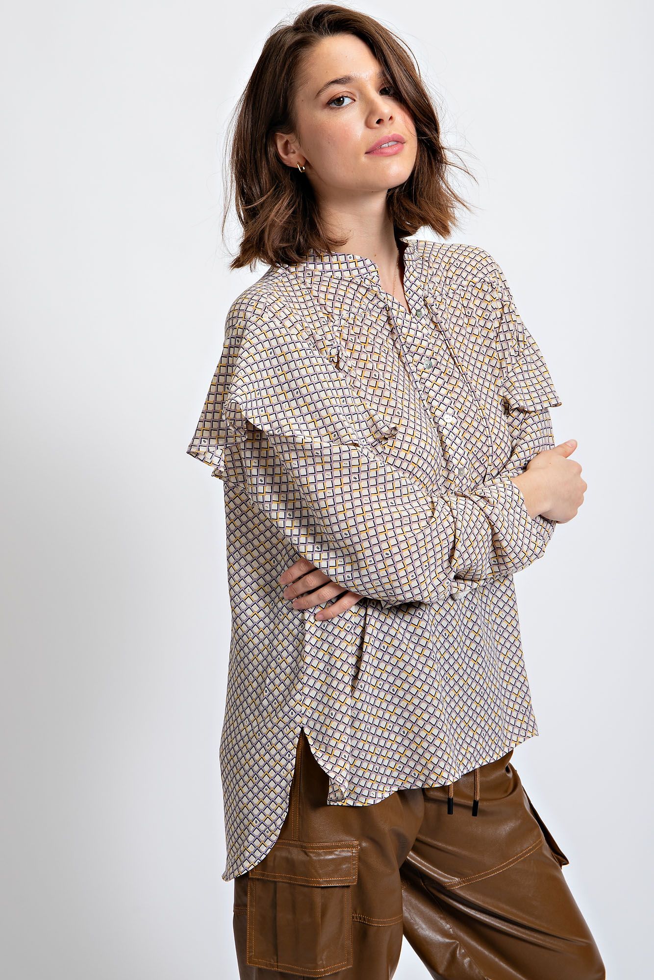 Easel Printed Chiffon Cream Blouse