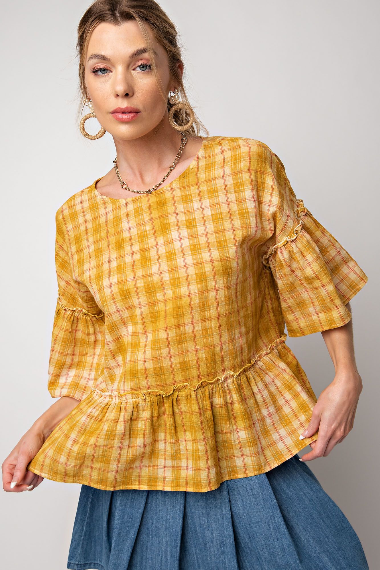 Easel Plaid Ruffle Shirt