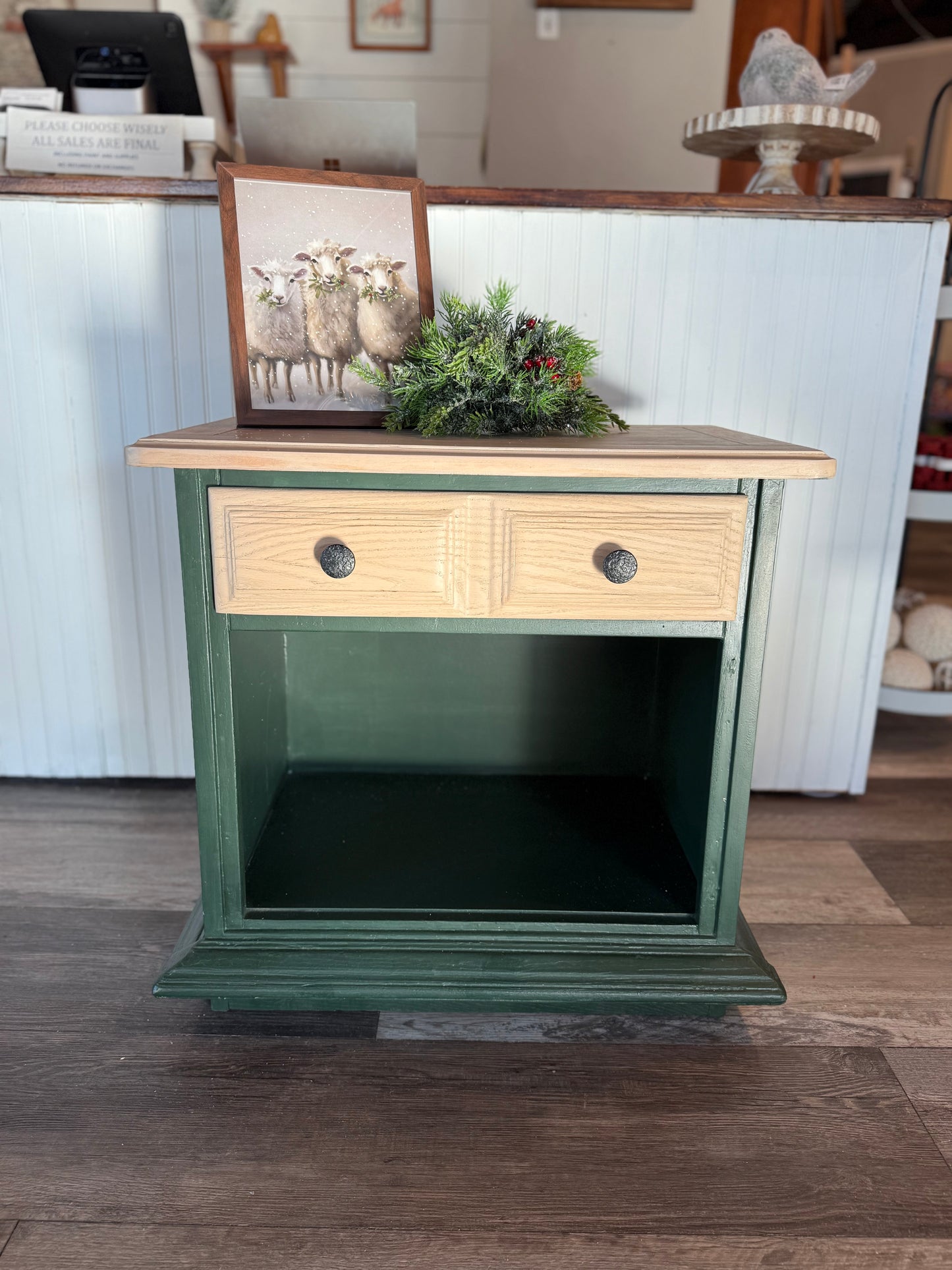 Natural Wood & Emerald Green Nightstand