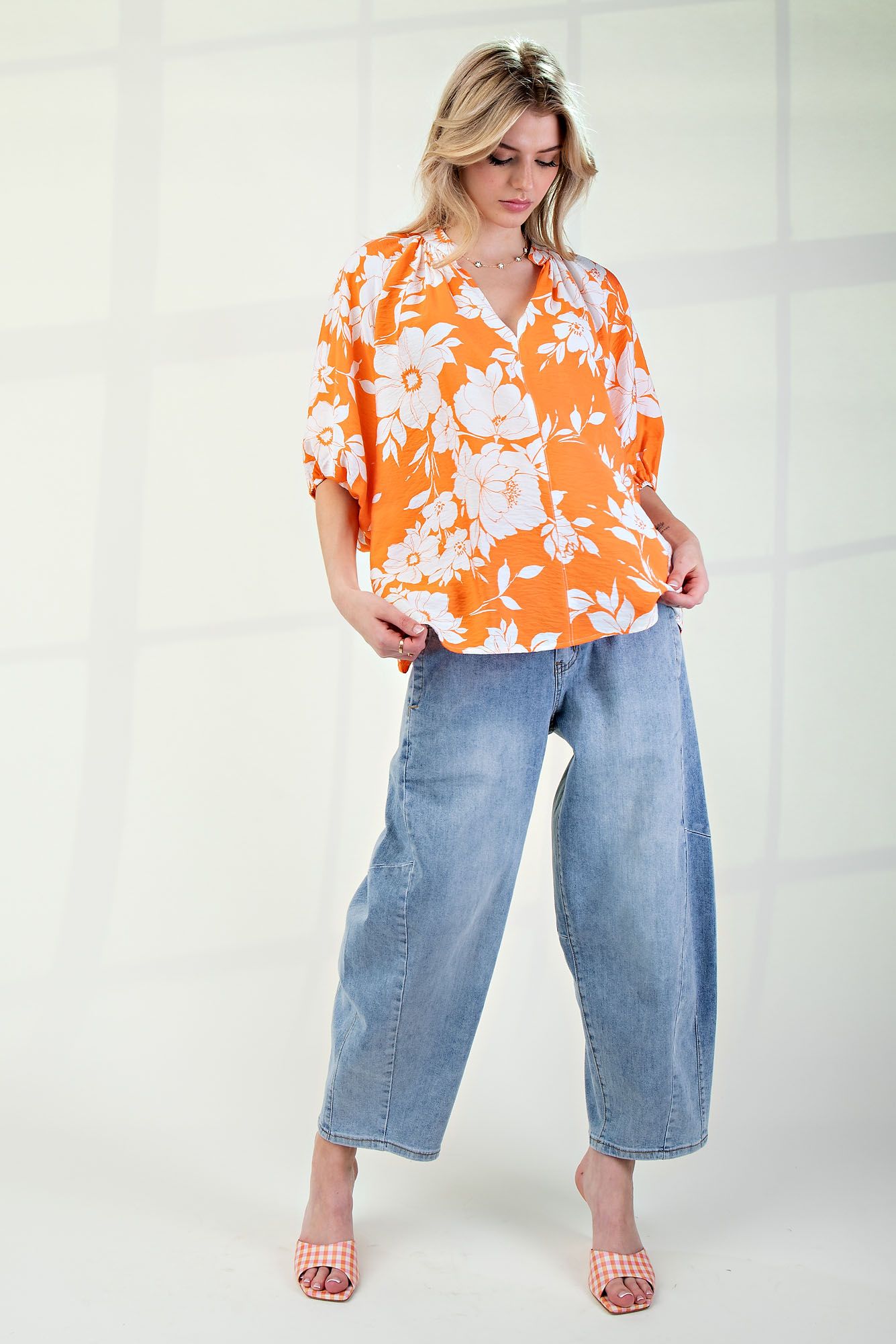 Easel Printed Orange Floral Top
