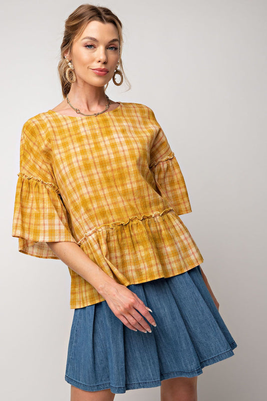 Easel Plaid Ruffle Shirt