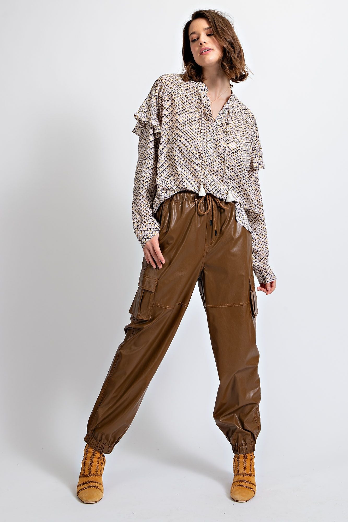 Easel Printed Chiffon Cream Blouse