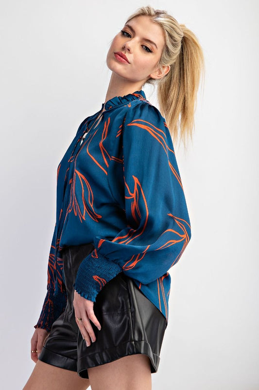 Easel Printed Crinkled Satin Blouse