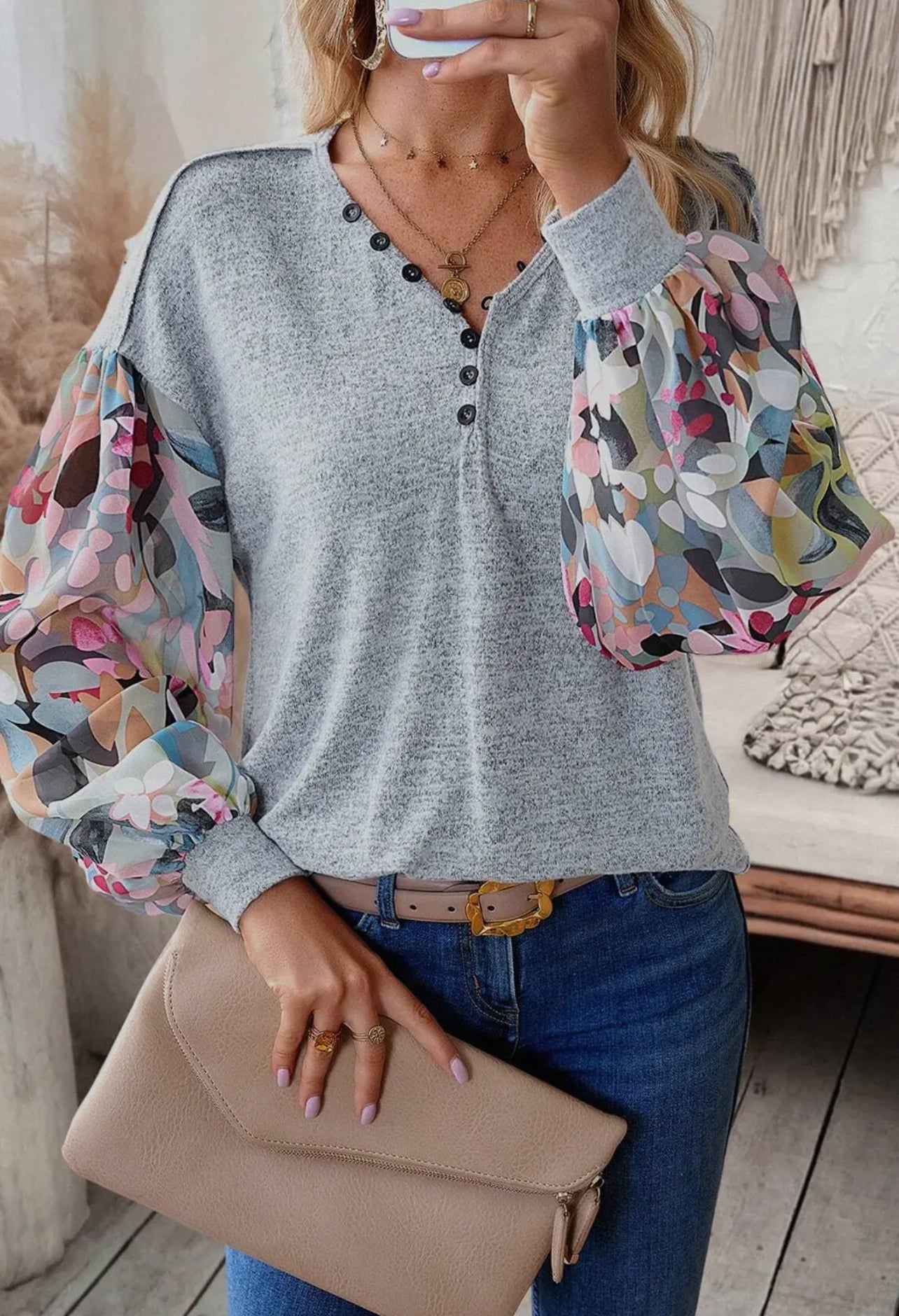 Gray Floral Sleeve Top