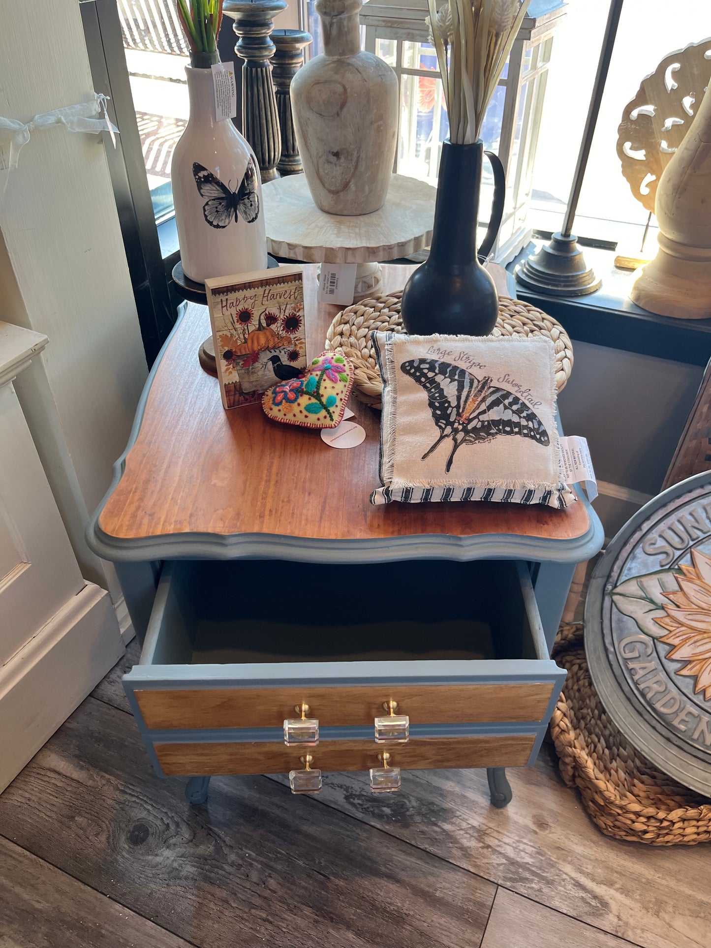 Small End Table - Blue Pine and Stain w/Crystal Knobs