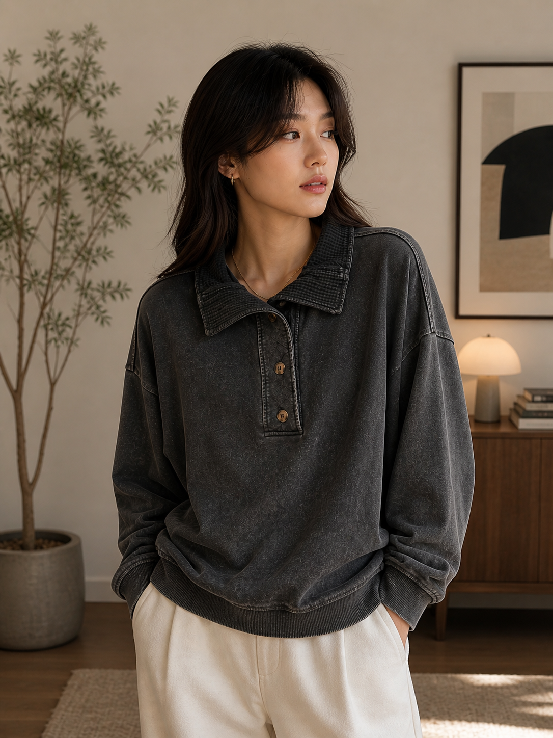 Waffle Collar Pullover