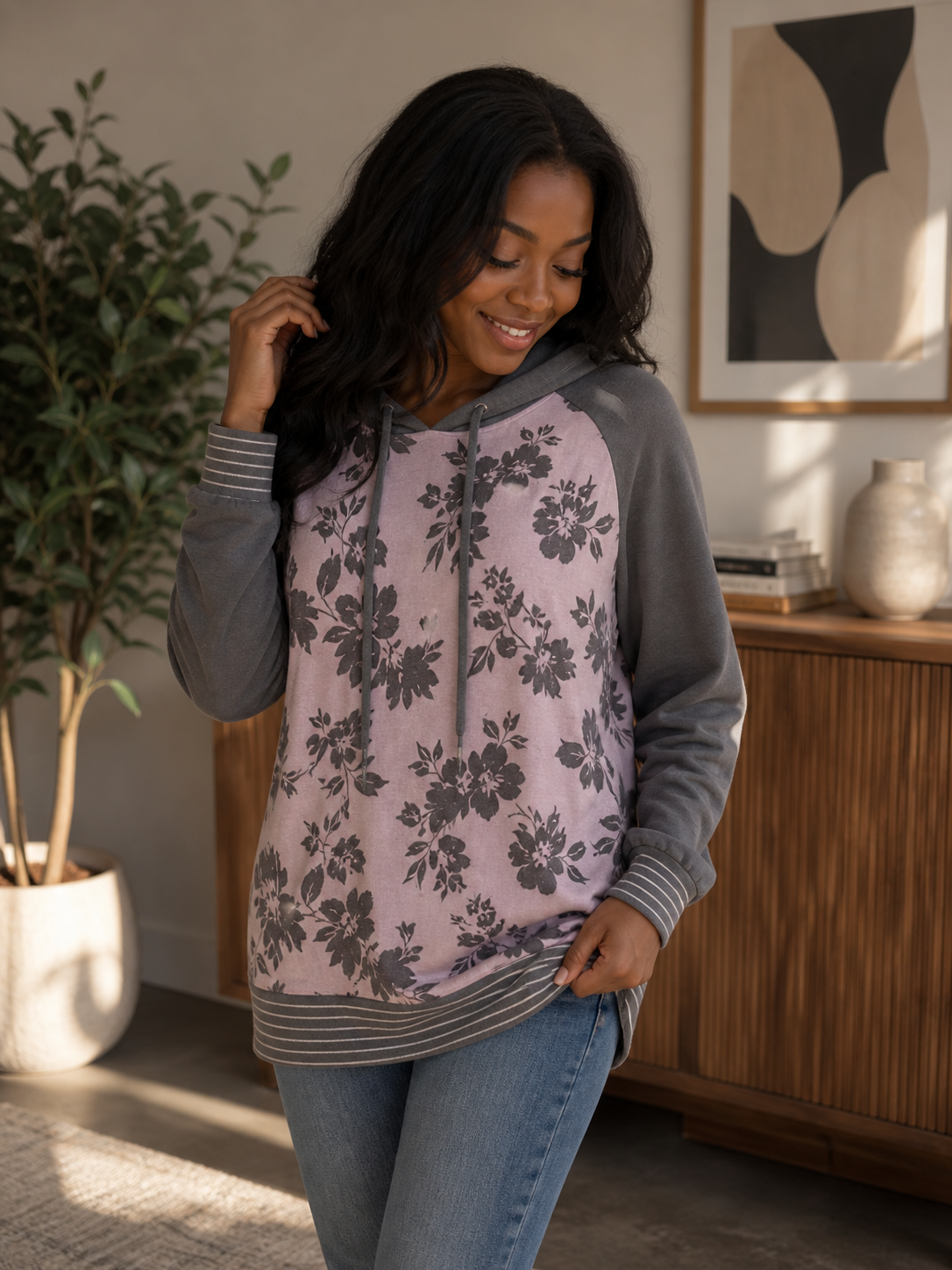 Gray Floral Hoodie