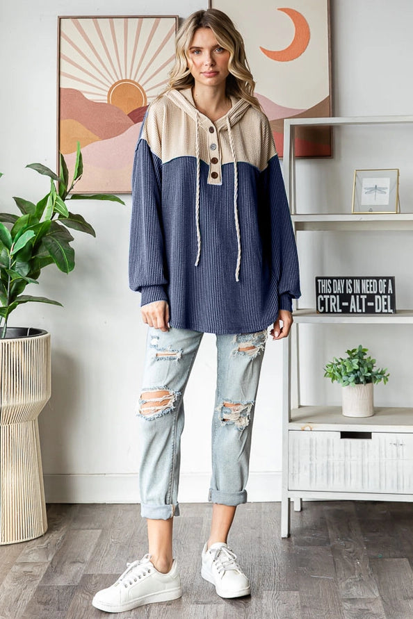Ribbed Balloon Sleeve Drawstring Hoodie