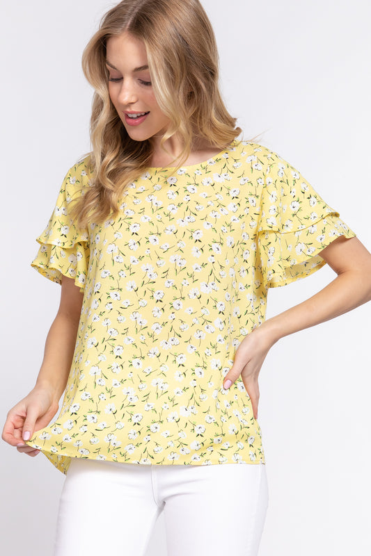 Short Sleeve Floral Top - Yellow