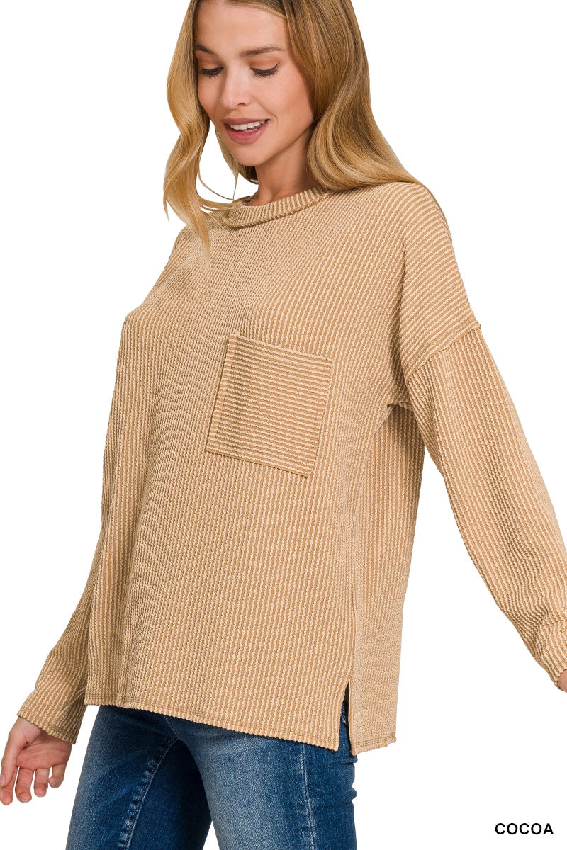 Corded Rib Long Sleeve Drop Shoulder Top